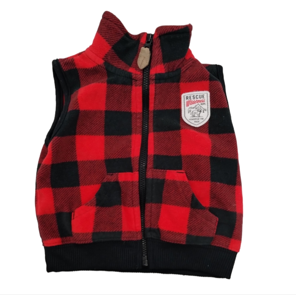 Carterโs Infant Baby Red & Black Buffalo Checkered Plaid Fleece Zip Up Vest 6M - Picture 1 of 10